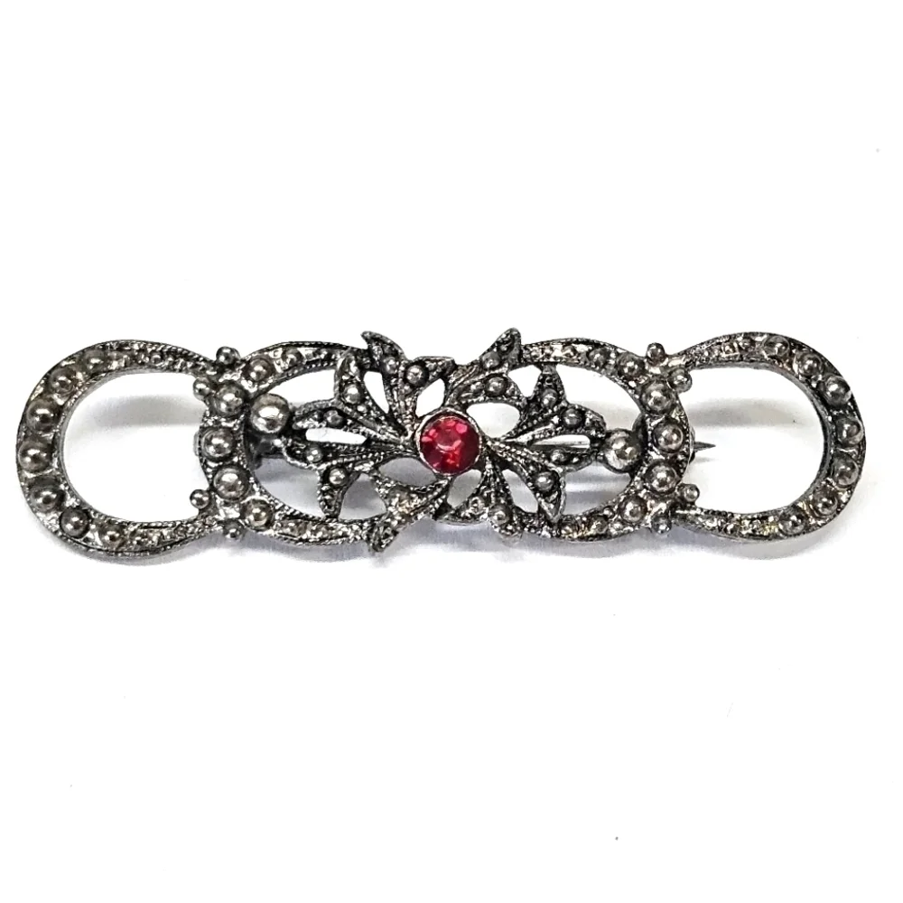 VINTAGE Victorian Revival Silver Tone Marcasite Rhinestone Brooch Pin
